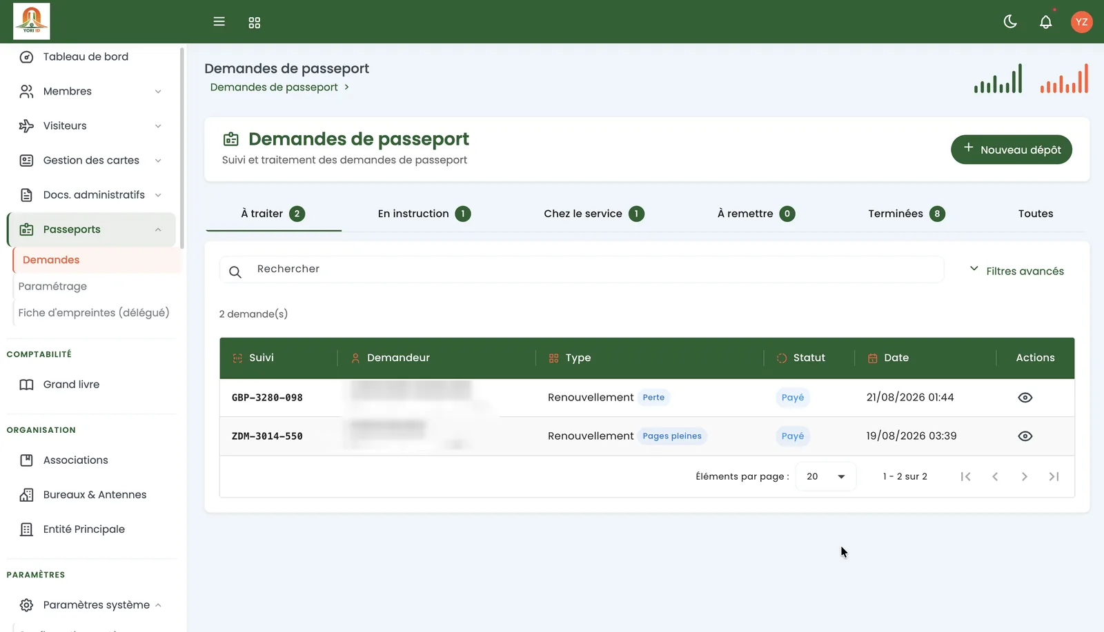 Écran d'instruction des demandes de passeport, avec les onglets À traiter, En instruction, Chez le service, À remettre et Terminées