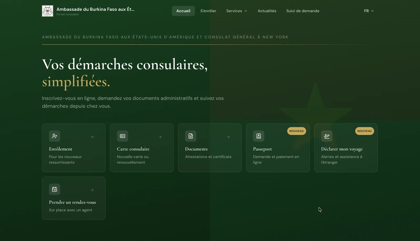Accueil du portail consulaire vu par un ressortissant : enrôlement, carte consulaire, documents, passeport, déclaration de voyage et prise de rendez-vous