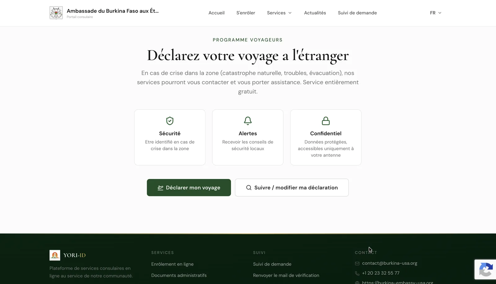 Page du programme voyageurs sur le portail : sécurité, alertes et confidentialité, avec les boutons de déclaration et de suivi